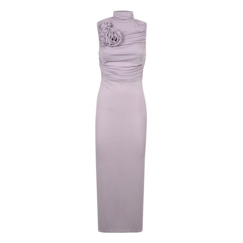 MAGDA BUTRYM Ruched High Neck Maxi Dress with Floral Applique Women LILAC